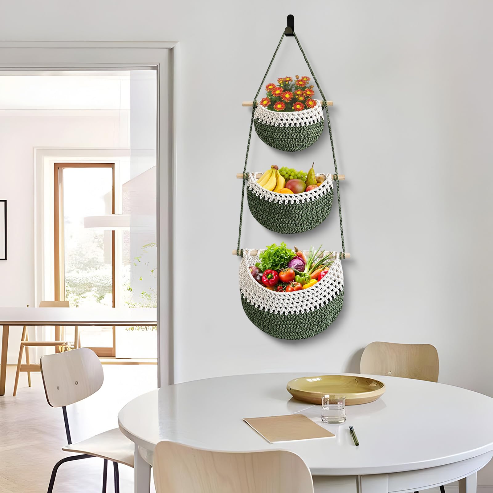 Obstkorb Hängend,3 Stöckiger Obst Hängekorb Küche Obst,Hängende Obstkörbe,Obstkorb Handgewebte Aufbewahrungskörbe Für Küche,Wohnzimmer, Badezimmer,Schlafzimmer (Weiß + Grün)