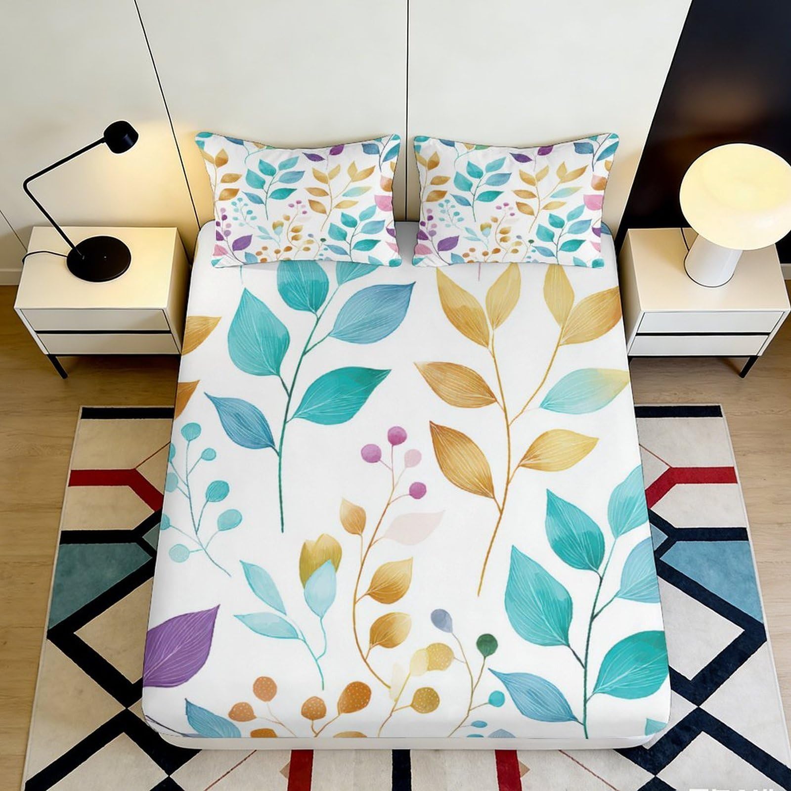 3D Printed Botanical Leaf Fitted Sheet Microfiber Soft Breathable Abstract Floral Mattress Cover for Bedroom Decor 90x200x25cm