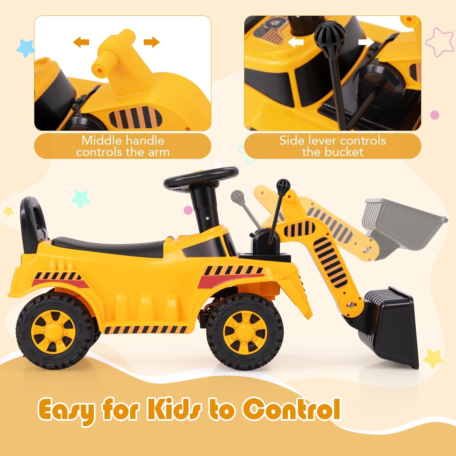 Costzon Ride On Bulldozer, Sit and Scoot Ride on Push Car for Toddlers with Helmet, Front Loader Shovel & Engine Sound, Under-seat Storage, Anti-Rollover Device, Kids Construction Truck, Gift