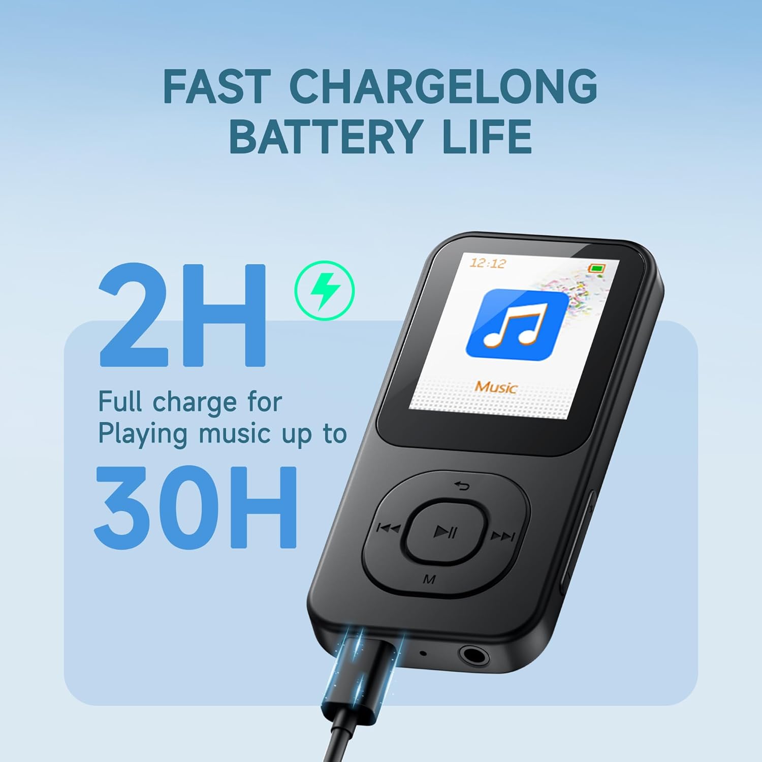 PECSU S2 MP3 Player connected to a USB-C charging cable, with an icon indicating 2 hours for a full charge and 30 hours of music playback.