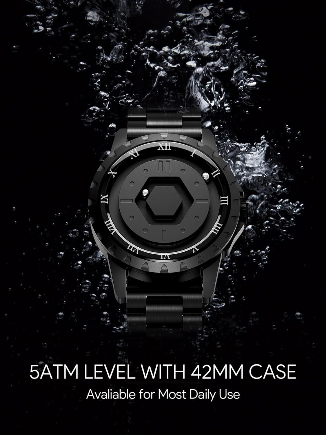 EUTOUR Magnetic Watches for Men, Unique No Hand Design with Gliding Magnet Balls Analog Display, 42mm Roman Numerals Dial with 22mm Steel Strap, 5ATM, Mens Fashion Accessories for Daily Outfit, Black