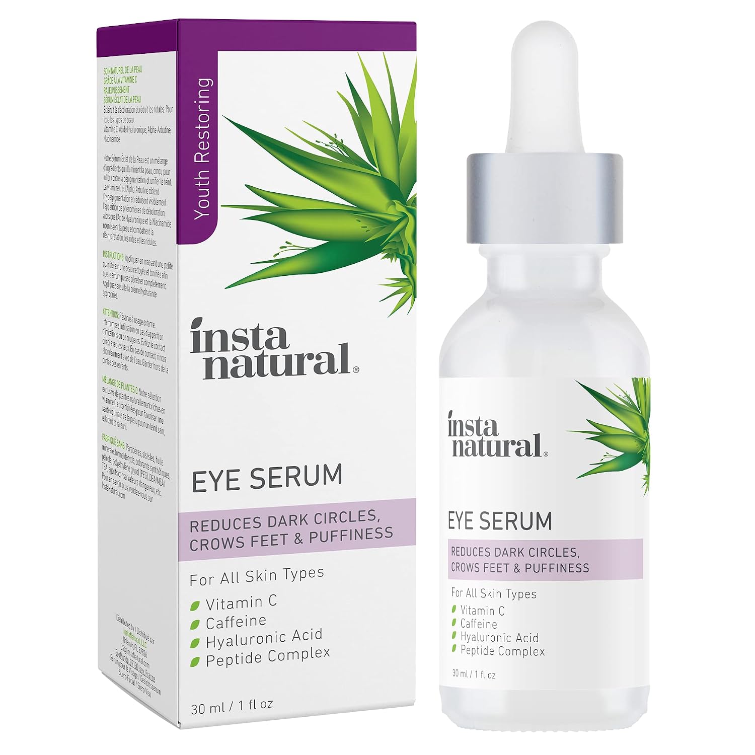 InstaNatural Eye Serum, Dark Circles Serum with Vitamin C, Caffeine, Hyaluronic Acid and Peptide Complex, Caffeine Eye Serum and Eye Puffiness Minimizer