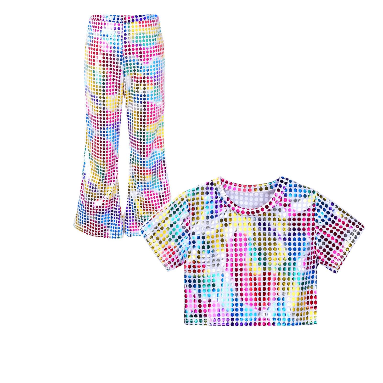 Kids Sequin Top and Flared Pants Two Piece Outfit Boys Girls Sparkly Metallic Crop Top Hip Pop Disco Party Dance Shiny Trousers Y2K Streetwear Dancewear for Carnival Jazz Dance Costume