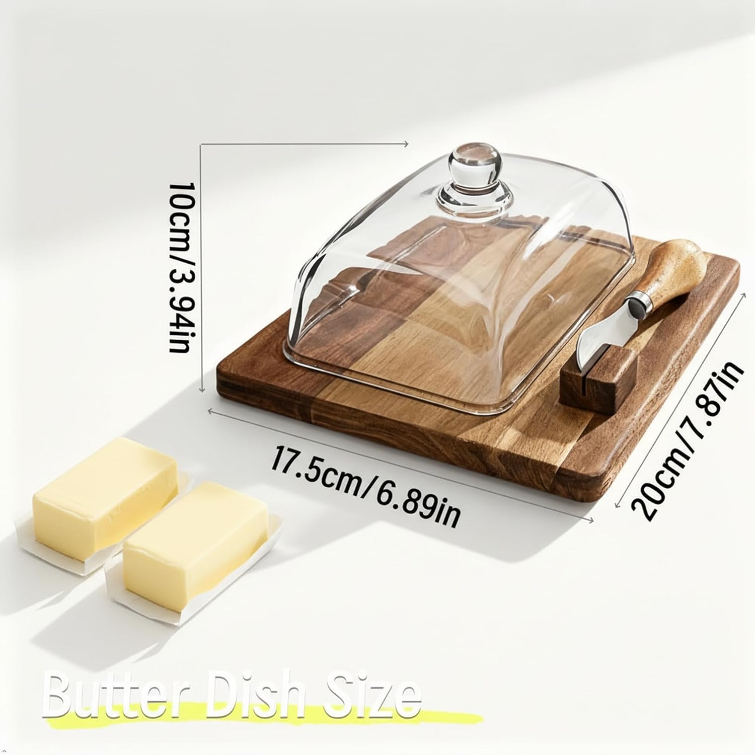 HAN SHENG Wooden Butter Dish with Glass Lid & Knife - Butter Keeper Container with Cutting Board Base, Kitchen Countertop Decor for East/West Coast Sticks