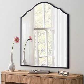 Autdot 36x30 Black Arched Wall Mirror, Large Scalloped Metal Frame Decorative Mantle Mirror for Bathroom, Entryway, Bedroom, Living Room