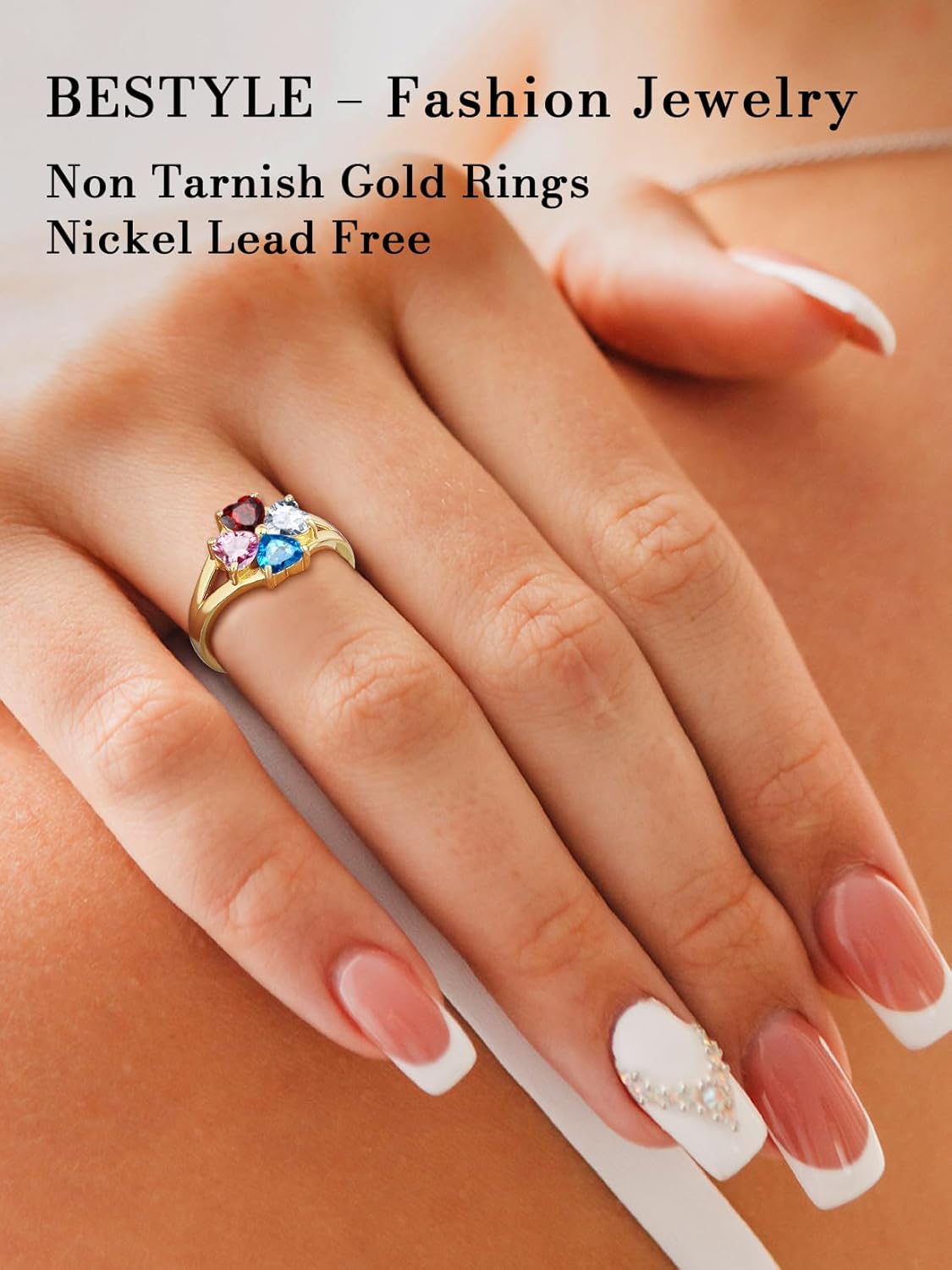 Bestyle Personalized 1-4 Heart Birthstone Rings for Women - Sterling Silver Custom Engraved Promise Rings, Birthstone Mothers Ring Gift for Mom, Wife (Wedding, Valentines, Mothers Day)