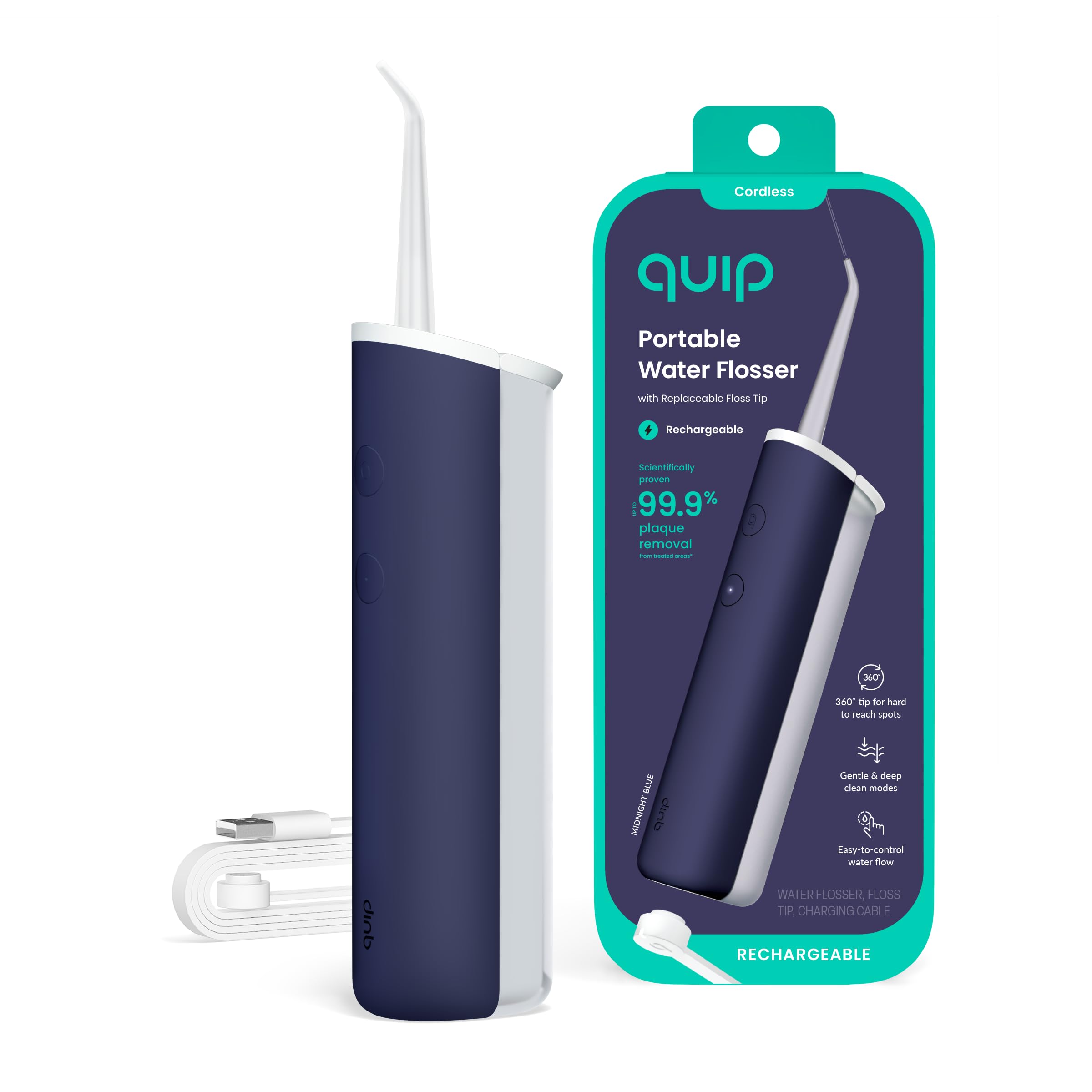quip Cordless Water Flosser with Adjustable Pressure Tooth Cleaner with Replaceable Tip 360 Degree Rotatable Toothpick Rechargeable Toothpick Night Blue-image-0