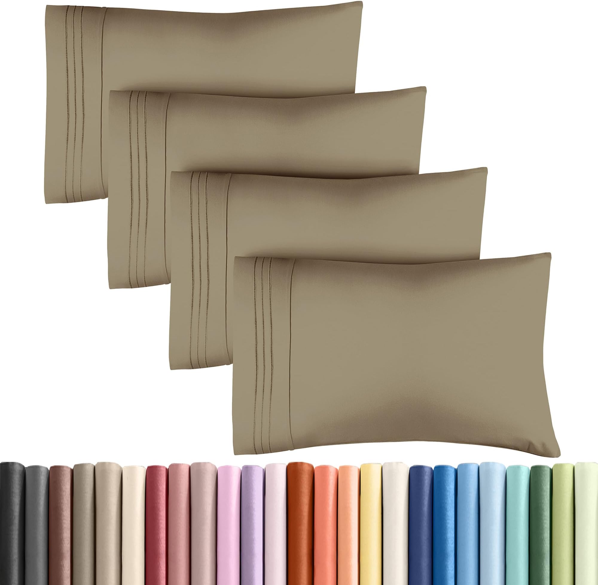 Queen Pillow Cases Set of 4 - Ultra Soft Cozy Pillowcase Covers - Khaki