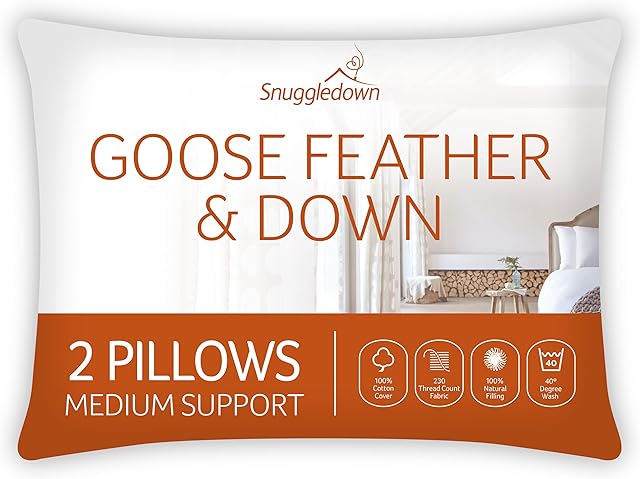 Snuggledown Goose Feather & Down Pillows 2 Pack - Medium Support Back Sleeper Pillows for Back Pain Relief - 100% Cotton Cover, Hypoallergenic, UK Standard Size (48cm x 74cm)