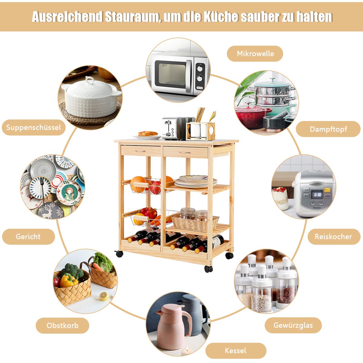 GOPLUS Serveerwagen met lade en kast, oprolbare keukentrolley, bijzetwagen met verstelbare scheidingswand, 2 wielen met rem, van hout, in landelijke stijl, voor keuken, restaurant (natuur