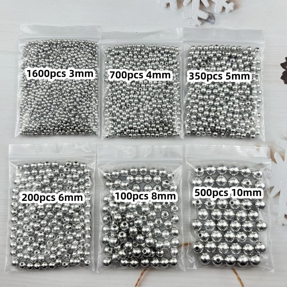 3000pcs Silver Plated Round Beads for Craft 3mm 4mm 5mm 6mm 8mm 10mm Smooth Round Ball Spacer Beads for Jewelry Making DIY Necklaces Bracelets Earrings Decoration - Image 2