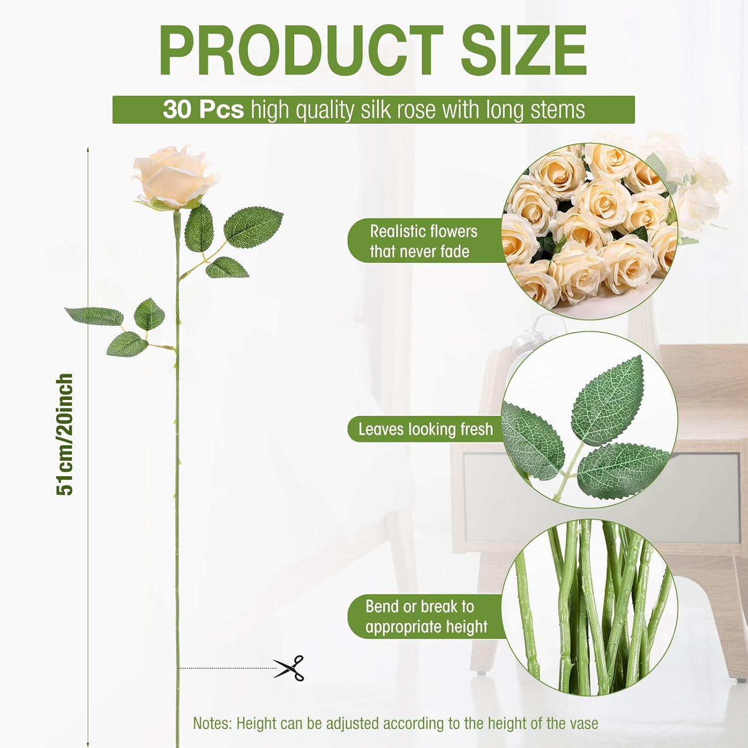 Jexine 60 PCS Artificial Roses Bulk Silk Flowers with Long Stems, Realistic Faux Rose Bouquet for Wedding Centerpieces, Valentine’s Party, Decor Home (Champagne)