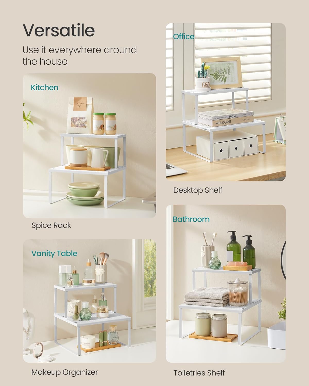 SONGMICS Spice Racks, Set of 2 Metal Cabinet Shelf Organizers, Countertop Organizers, Shelf Risers, Stackable, Expandable, White UKCS005W01 - Image 5