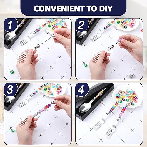 Miniatura 4 de Lasnten Juego de 6 tenedores de cuchara con cuentas con 50 cuentas surtidas de agujeros grandes, cucharas y tenedores decorativos de acero