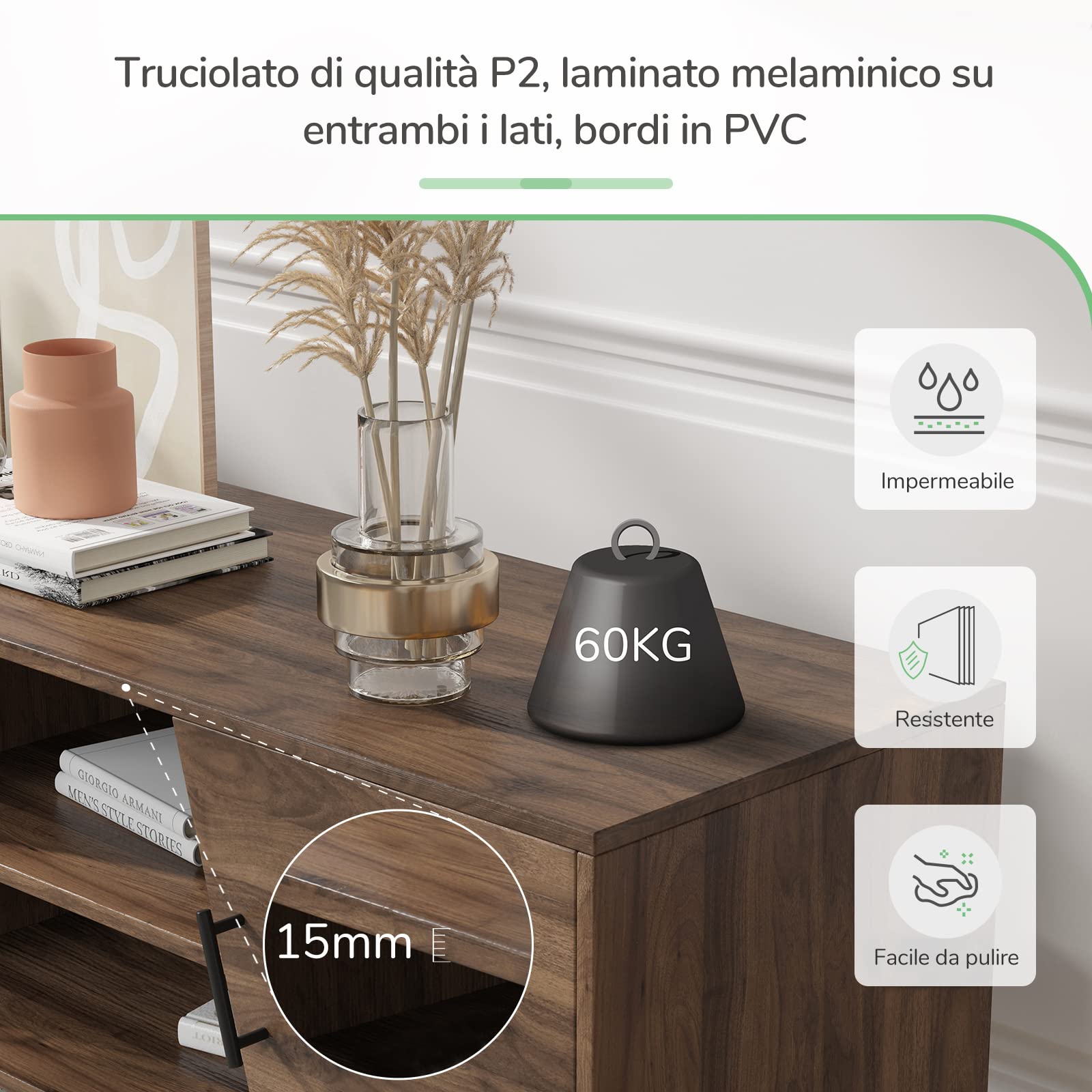 Novilla Mobile TV Mobiletto Basso per TV Fino 50", Montaggio facile, Ispirazione del design dalla torre, con 2 Armadietti, 6 Fori Passacavi e 2 Ripiani con Altezza regolabili, Noce