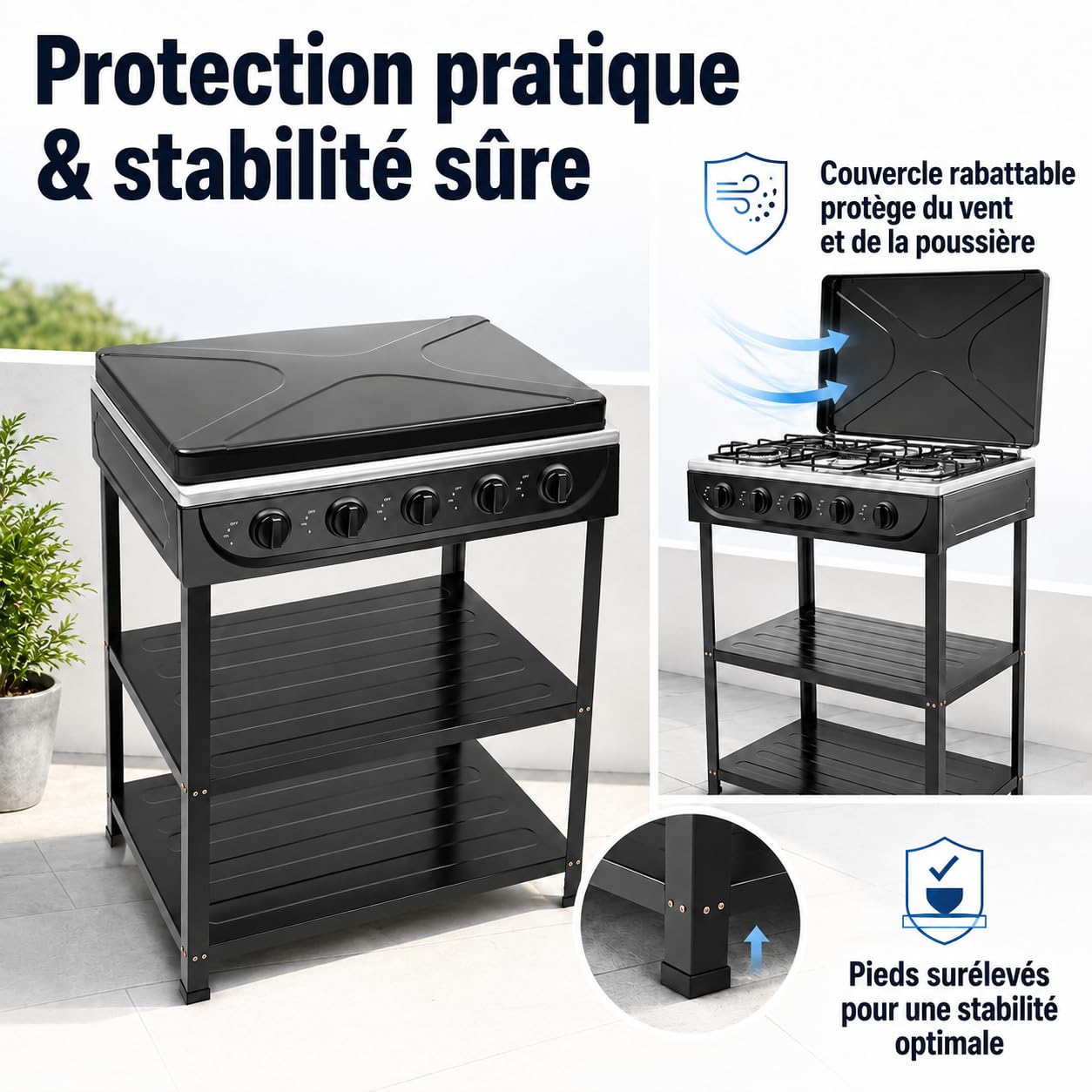 Plaque de cuisson à gaz 5 flammes, 2,5 kW, portable, pour le camping et la maison