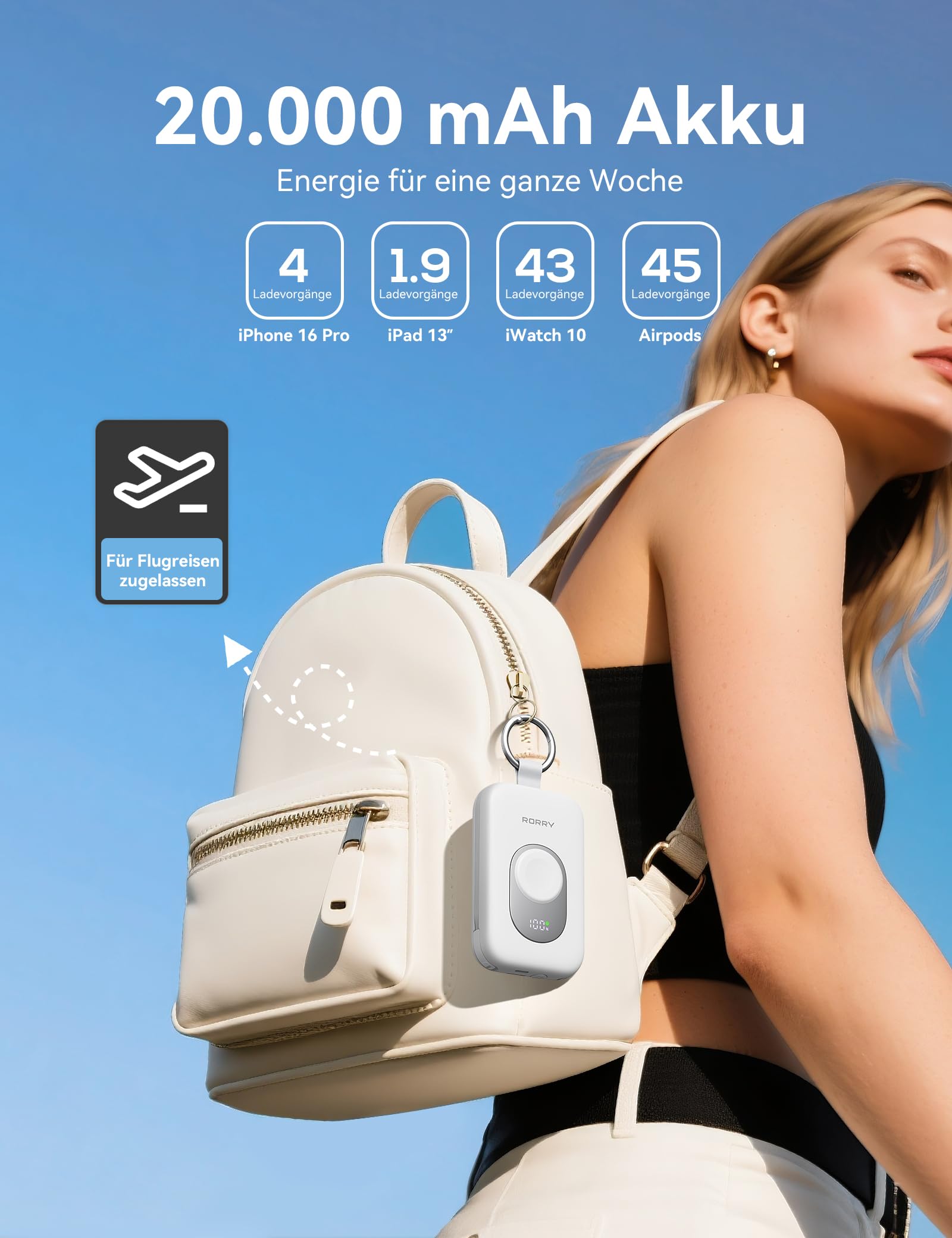 RORRY Powerbank Power Bank 20000mAh 30W PD Quick Charger - Cargador portátil con 2 Cables Integrados, batería Externa para teléfono móvil con Llavero, para iPhone, Apple Watch, iPad, Color Blanco