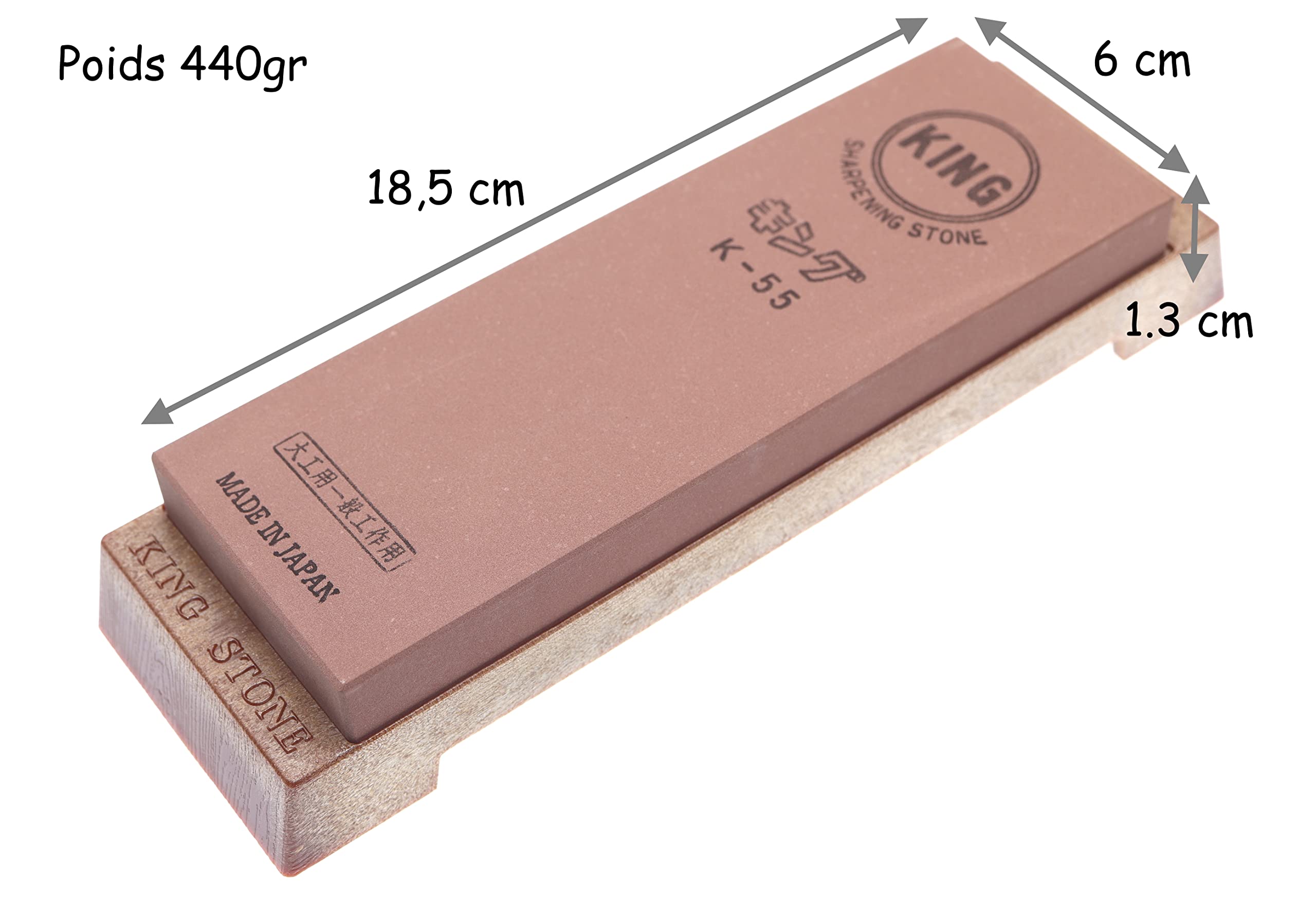 King Pierre à Aiguiser Japonaise Grain #1000 avec Support Socle Antidérapant Whetstone Toishi Pierre à Eau pour Couteaux et Outils Fabriquée au Japon 18.5cm x 6.2cm x 1.5cm