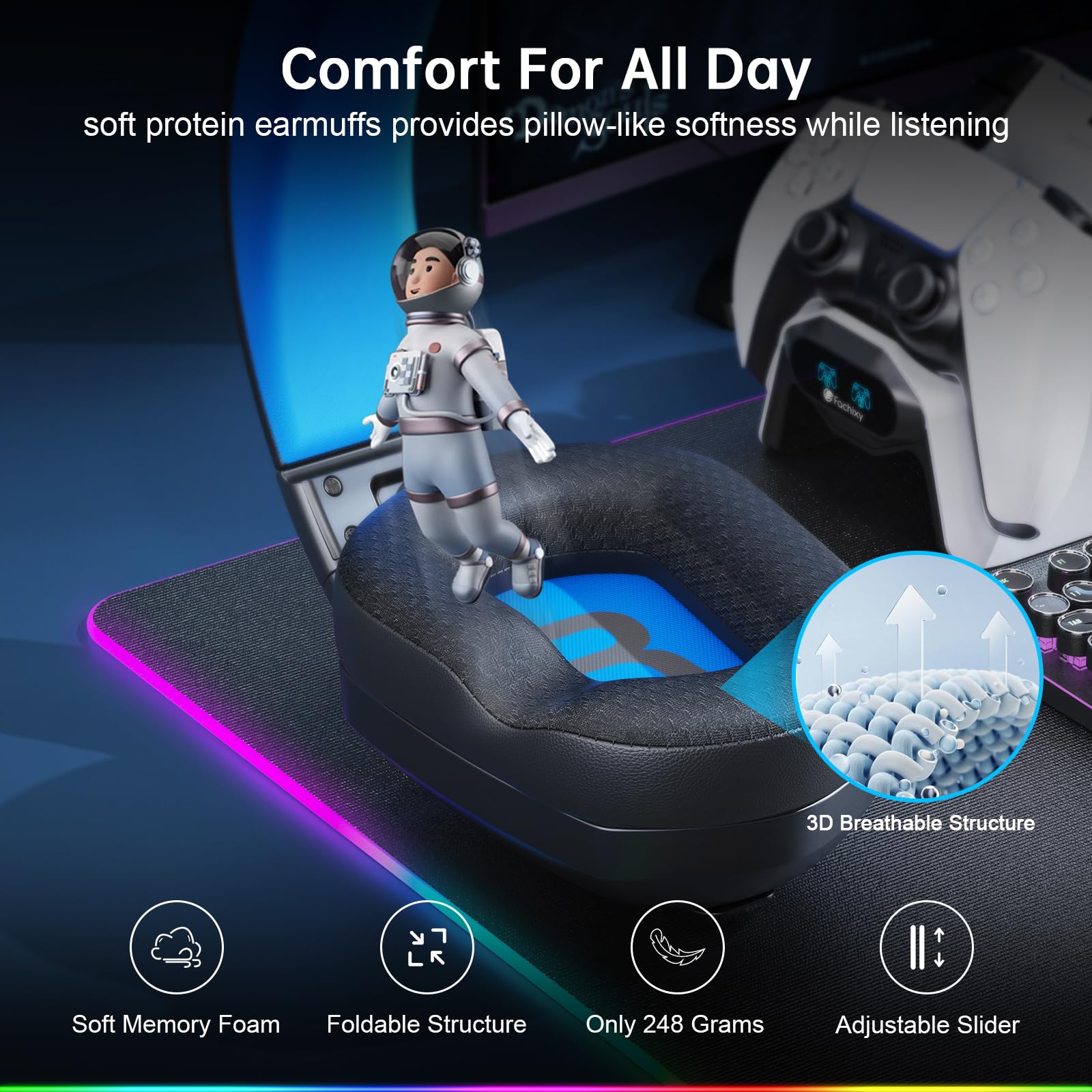 Fachixy FC-300 zestaw słuchawkowy gamingowy z mikrofonem, bezprzewodowy zestaw słuchawkowy 2,4 G do PS5, PS4, PC, Switch, Mac, Surround Sound, składane słuchawki Bluetooth, bezprzewodowe, z