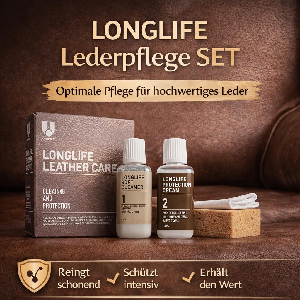 Uniters Longlife Leather Care Kit d'entretien du cuir 2 x 150 ml nettoyant et crème de protection pour cuir avec éponge et chiffon, nettoyage, entretien et protection pour cuir lisse, canapé, fauteuil