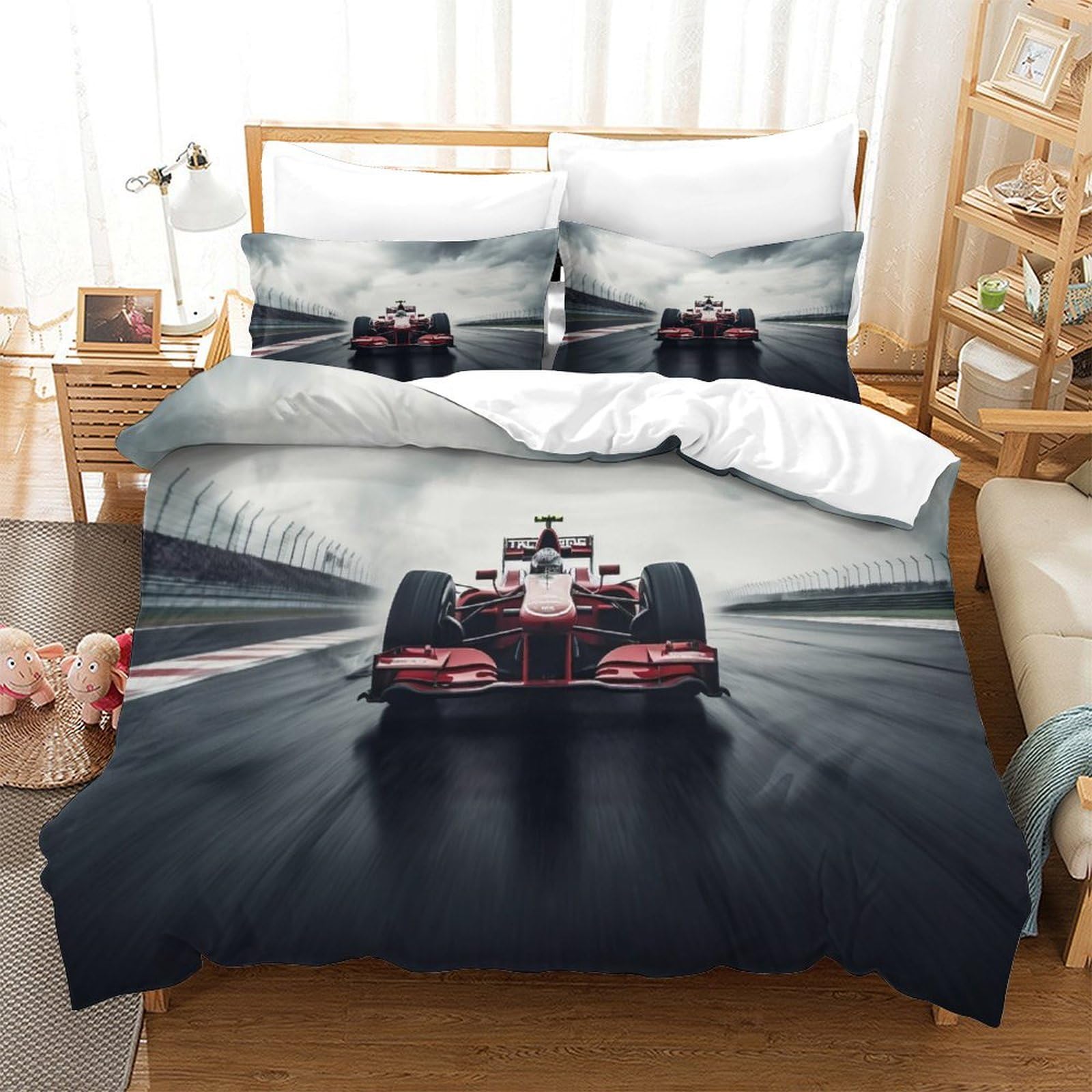 Formula da corsa Copripiumino 3D Stampa Digitale Corsa F1 Set Copripiumino 3 Pezzi Microfibra Morbido Con Cerniera E Federe Set Di Biancheria Da Letto Per Bambini Double（200x200cm）