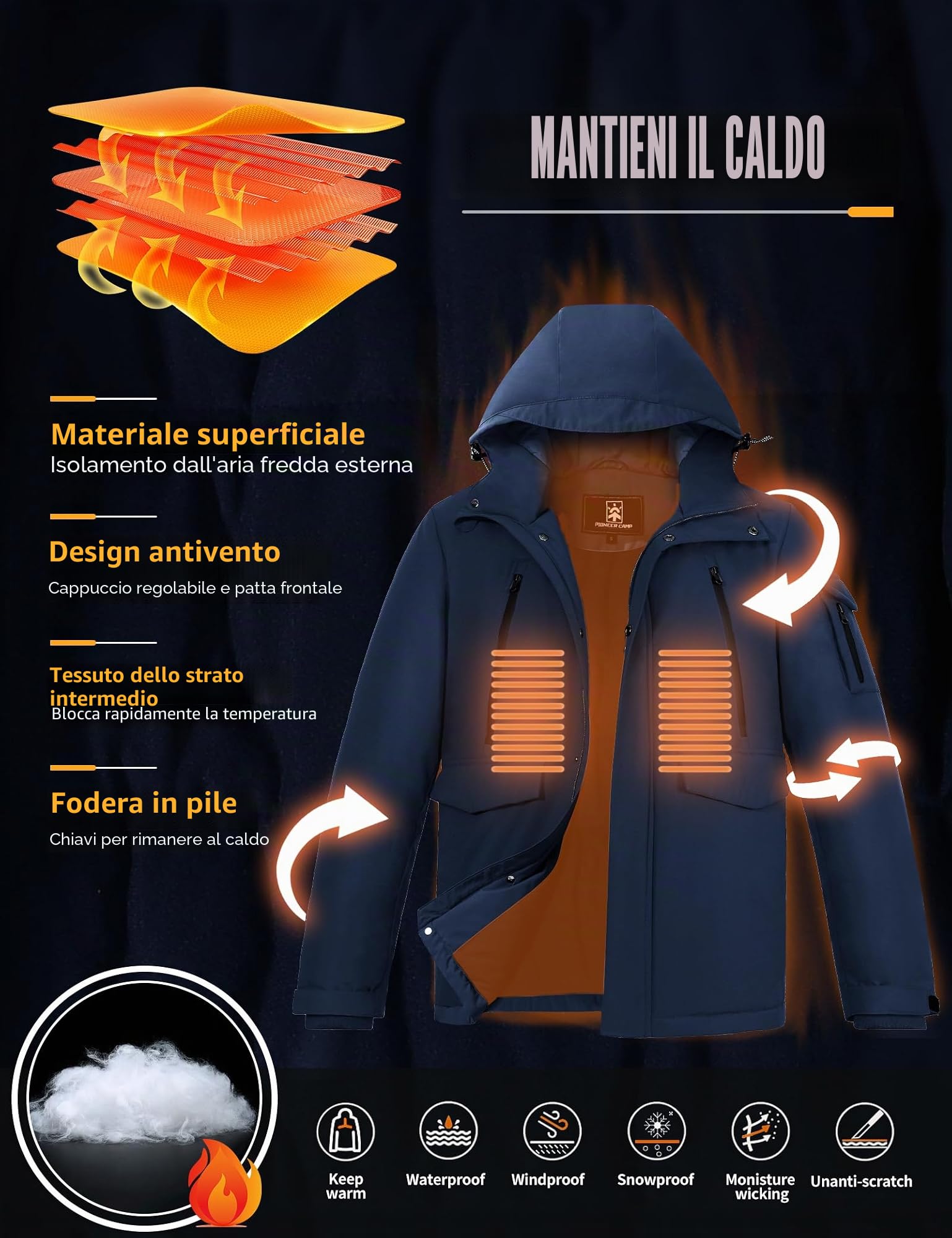 Pioneer Camp Giacca invernale da uomo, impermeabile, calda foderata in pile, antivento, parka da uomo, con 9 tasche, con cappuccio (S-XXL)