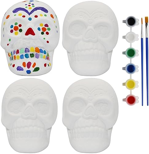 Creative Hobbies 4 Pack of Ready to Paint Ceramic Bisque Sugar Skull Shape Halloween Figurines - Includes Paint, Brushes and How to Guide | Sugar Skull - Skull