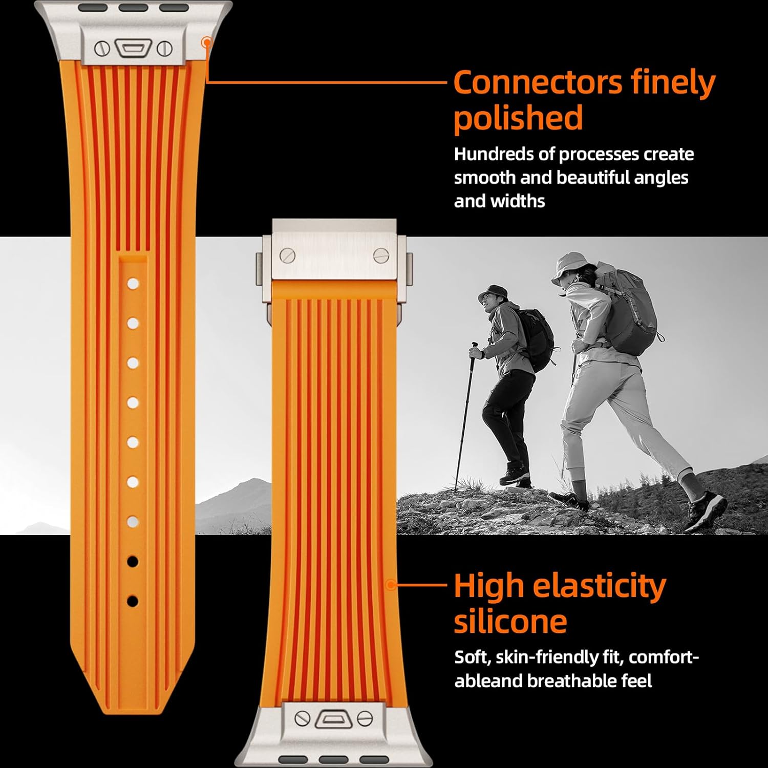 Sport Watch Band for Apple Watch Ultra, 49/45/44/42mm, Luxury Mens Watch Band with Butterfly Buckle and Rugged Silicone Rubber Strap, Orange - Image 2