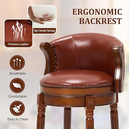 Miniatura 4 de CozyRain Taburetes de bar de madera de goma, taburete de bar tapizado de cuero con respaldo y reposapiés para el hogar, cocina, mostrador, comedor