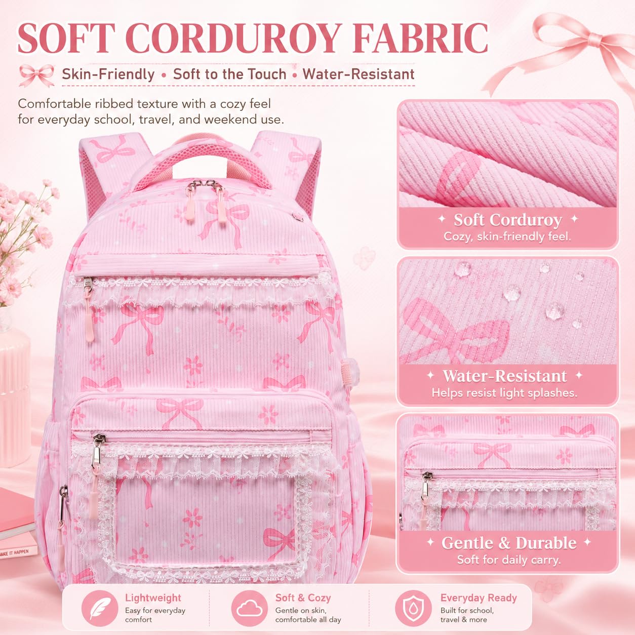 LEDAOU Rucksack für Mädchen, Schultasche, Kinder, Büchertasche, Teenager-Rucksack-Set, Tagesrucksack mit Lunchtasche und Federmäppchen, A-Spitze Schleife Rosa, 17.3"H x 12.2"L x 5.9"W | Kinder