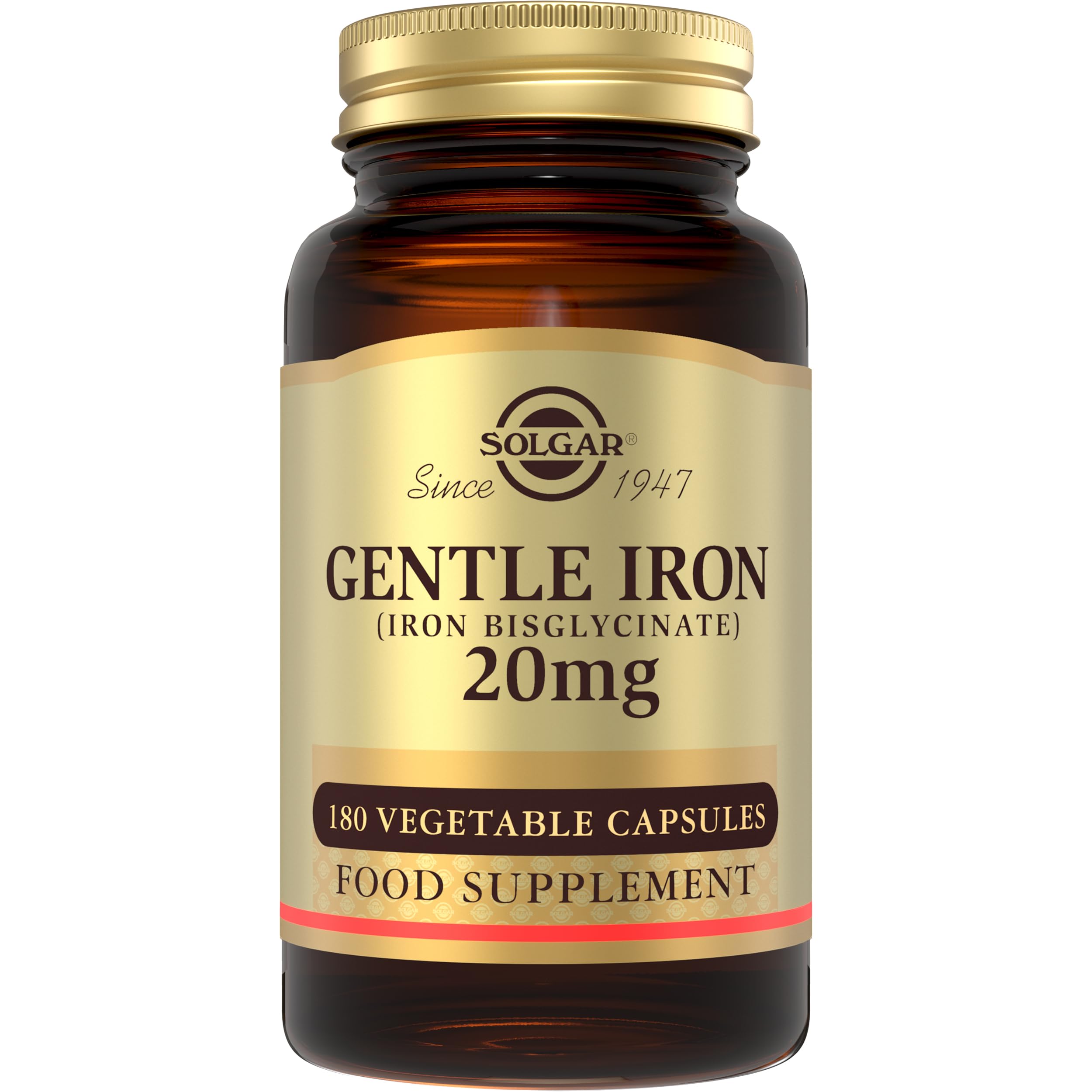 Solgar Gentle Iron (Iron Bisglycinate) 20 mg Vegetable Capsules - Pack of 180 - Reduces Constipating Effects - Gentle on The Stomach - Vegan and Gluten Free