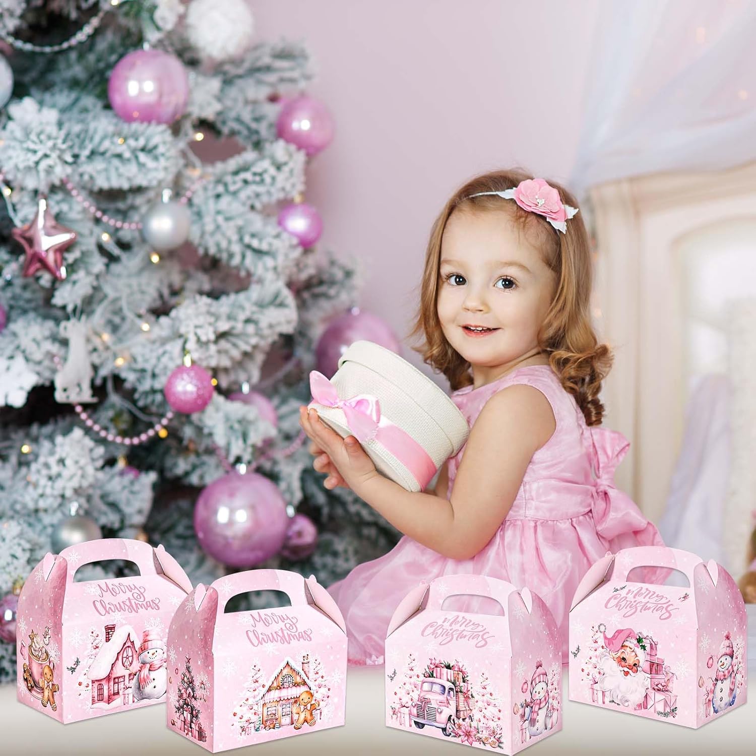 Bolsome 16Pcs Pink Christmas Treat Boxes - Santa, Snowman, Gingerbread Man, Xmas Tree, Truck Goodie Candy Boxes - Merry Christmas Party Favor Boxes for Winter Holidays Supplies - Image 6