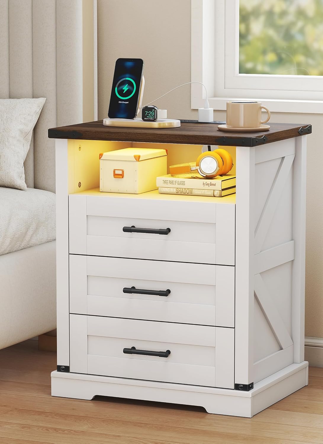 Night Stand with Charging Station 22" Large Farmhouse Nightstands with 3 Drawers and Open Storage Smart Bedside Table with Human Sensor LED Light End Tables for Bedroom White