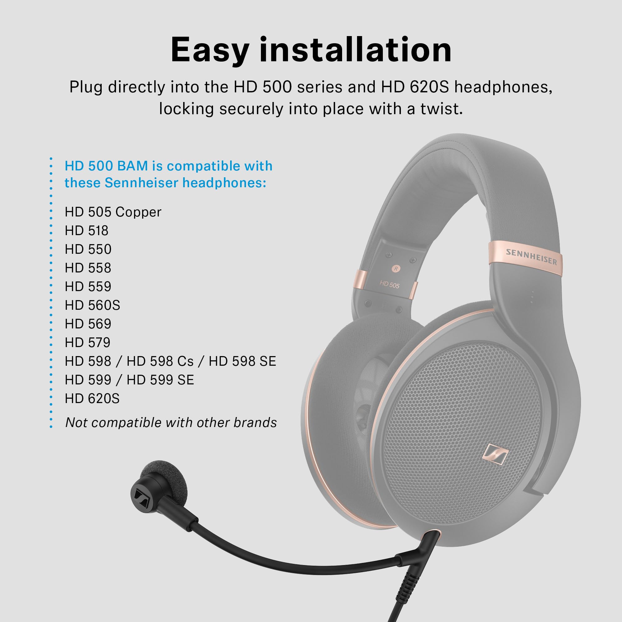 Sennheiser HD 500 BAM Microphone Perche orientable et détachable pour Casque HD 500 Series/620S - Microphone à condensateur à réduction de Bruit - Idéal pour Le Gaming et Le Streaming - 3,5 mm - Noir