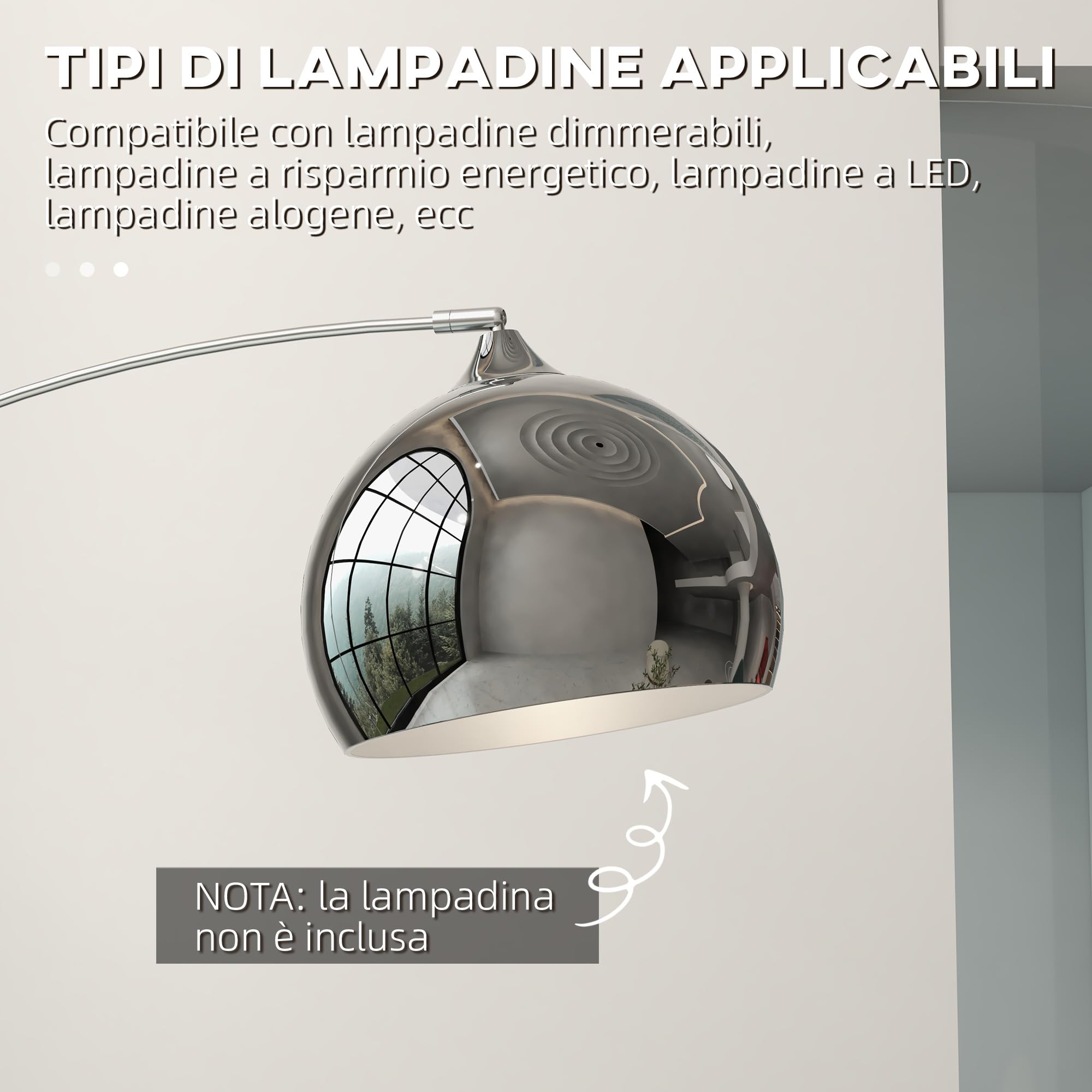 HOMCOM Lampada da Terra Vintage ad Arco, Lampada da Pavimento con Asta Regolabile e Interruttore a Pedale, Attacco E27, per Salotto e Camera, in Metallo e Marmo, Argento