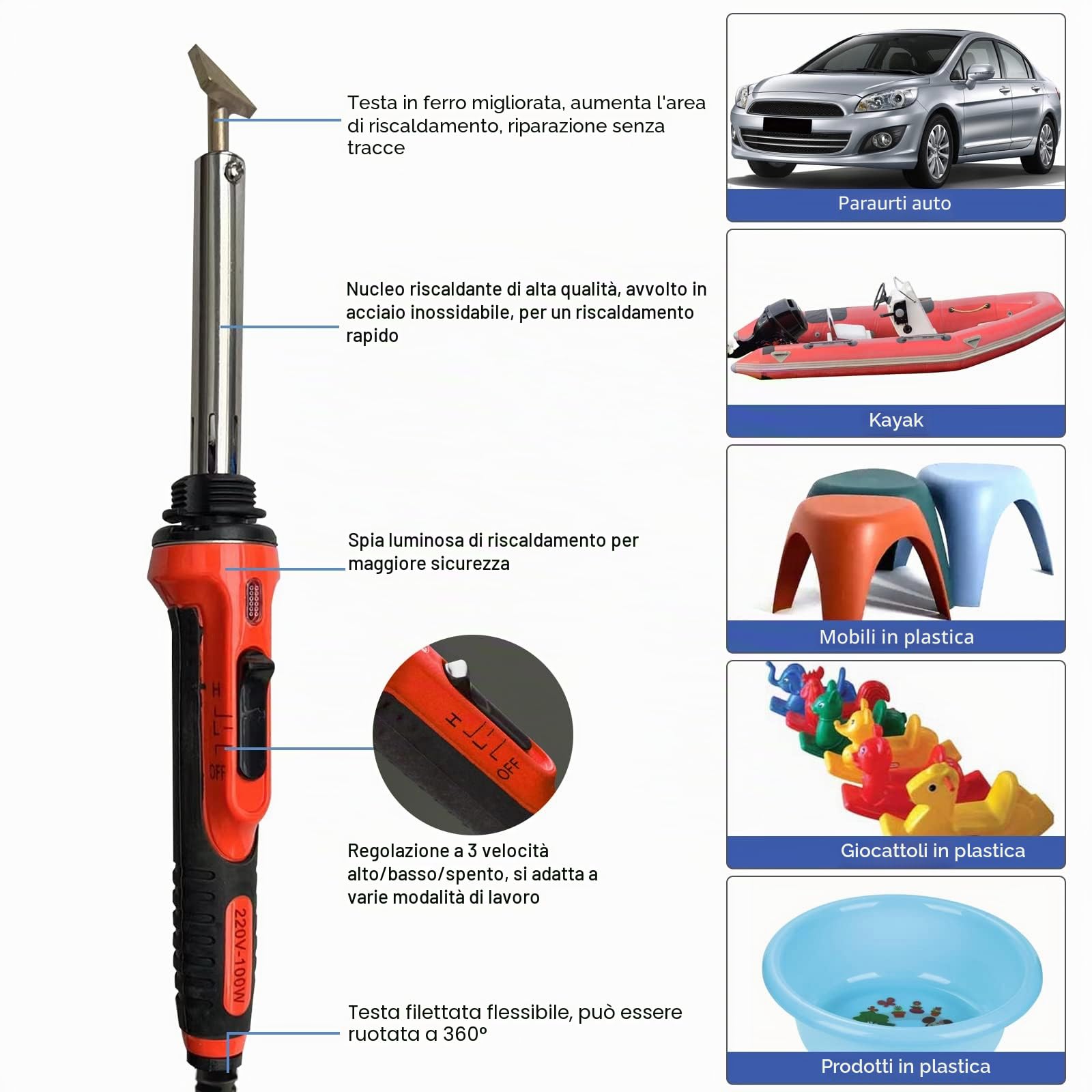 Saldatore in plastica 100W Multifunzione 3 Velocità Plastica con 4 Punte di Saldatura Staffa per Ferro Caldo Rete Patch Spazzola Metallo