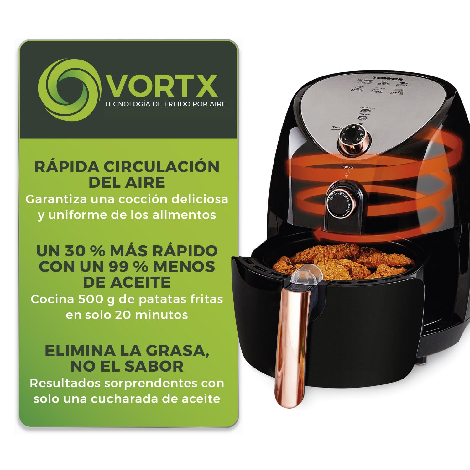 Tower T17021RG Freidora de Aire Tamaño Familiar: Air Fryer con Circulación de Aire Rápida y Temporizador de 60 Minutos: Freidora Sin Aceite de 4.3 L, 1500 W, Negro Oro rosa