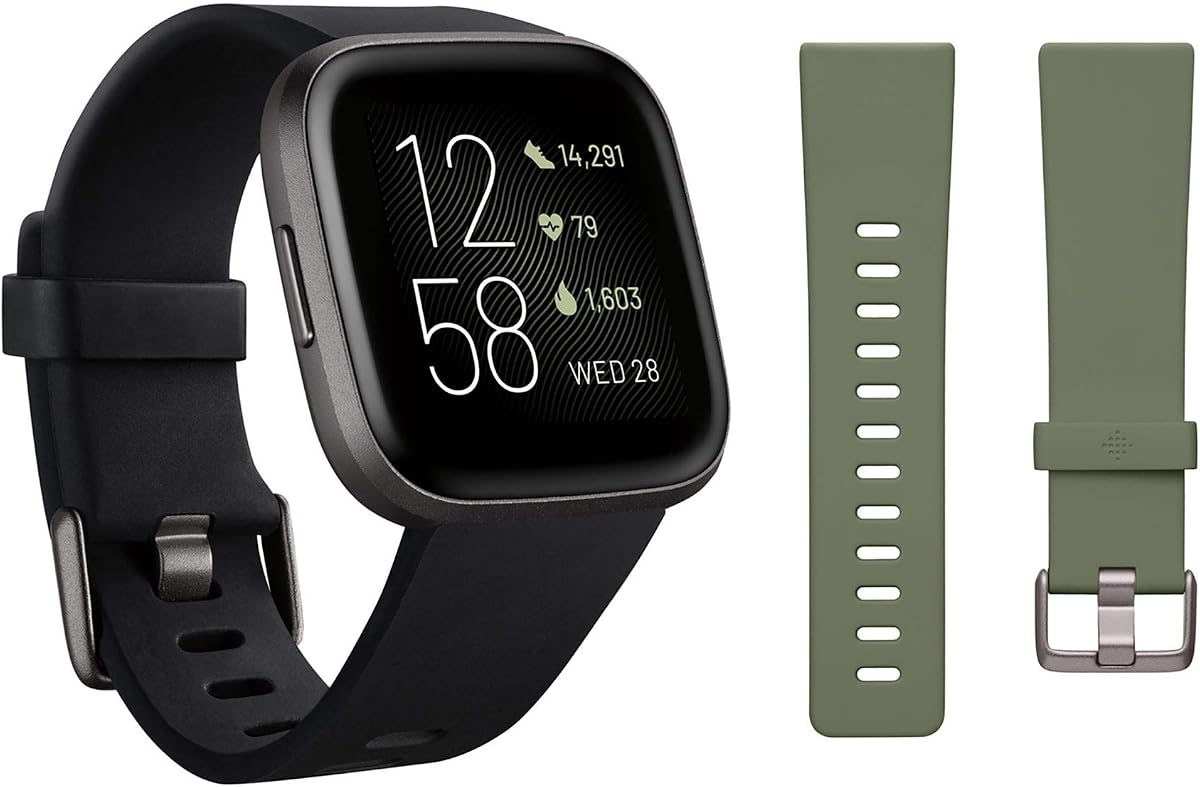 Versa 2 Smartwatch Carbon (negro) con correas adicionales (oliva)