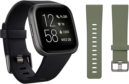 Fitbit Versa 2 Smartwatch Carbon (Black) with Bonus Bands (Olive)