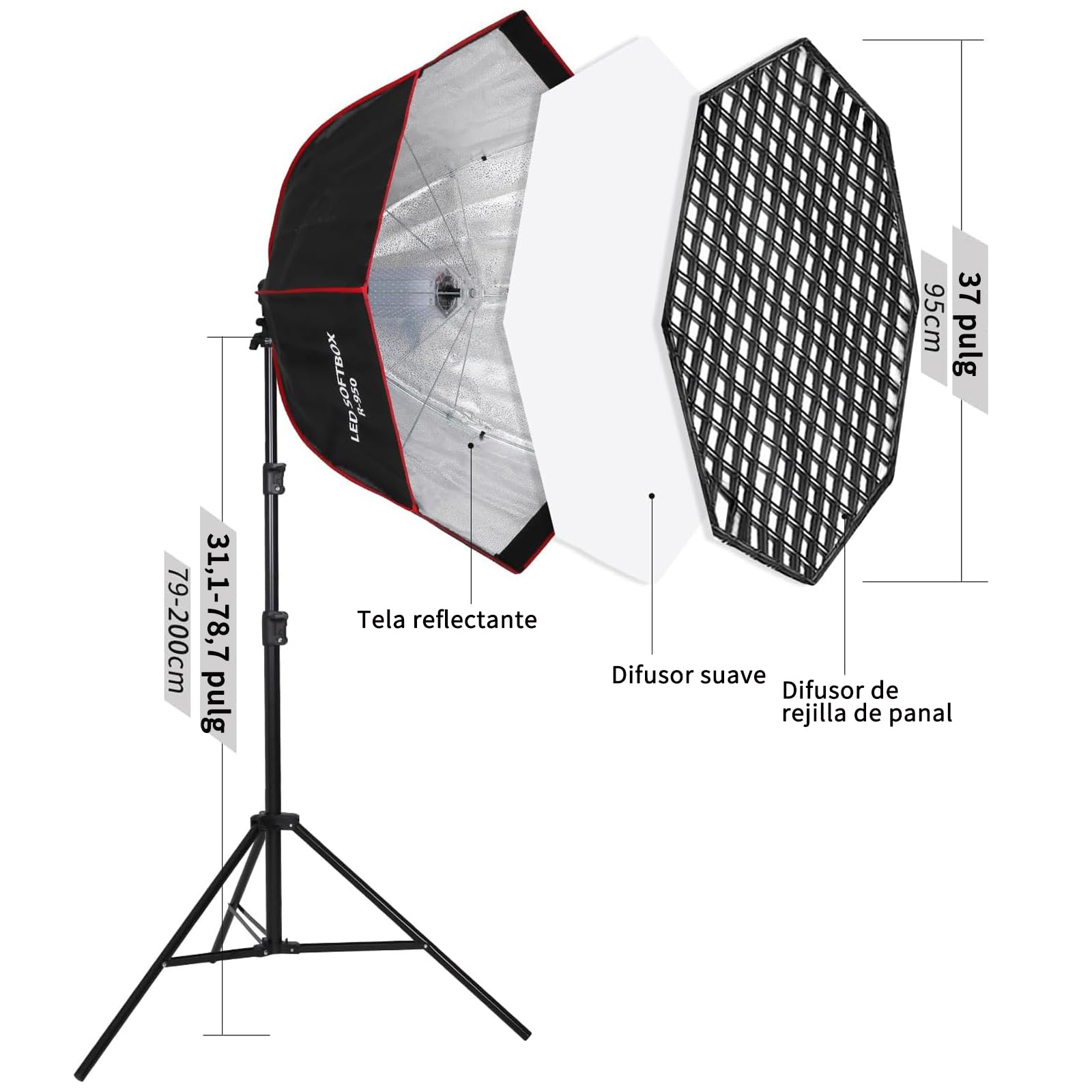 110W Softbox - Kit de iluminación para fotografía (95 cm, parabólico octogonal, rejilla de panal, mando a distancia, soporte de luz, para fotografía, estudio, fotografía de retratos
