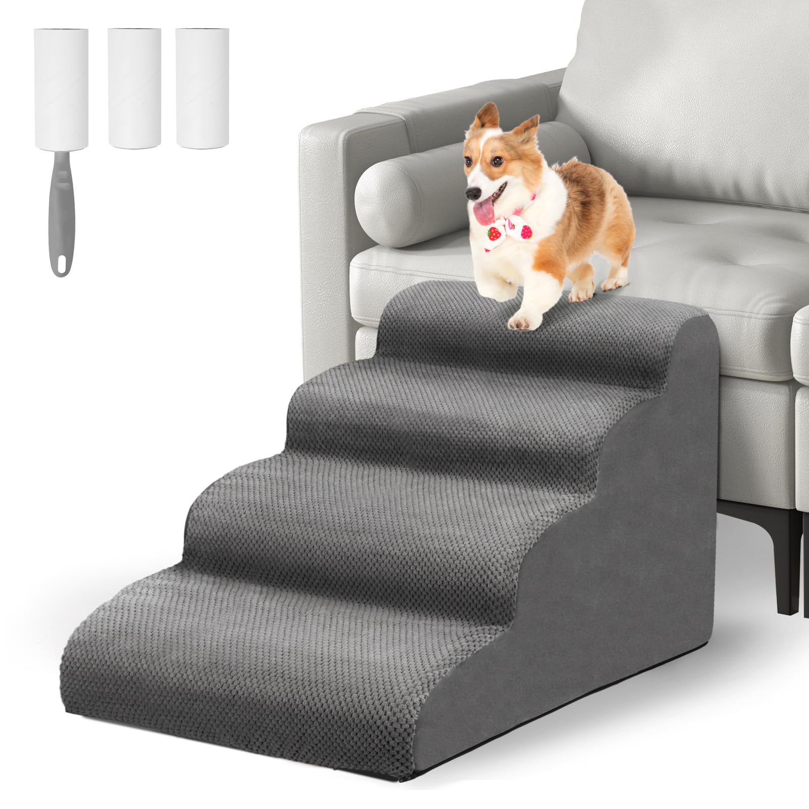 Otauoaea Escalera para Perros, Escaleras para Mascotas de Espuma de 4 peldaños para Cama/sofá, Rampa para Perros Pequeños y Gatos con Funda Lavable y Fondo Antideslizante, Enviar Rodillo de Pelusa