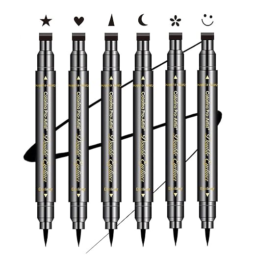 SUMEITANG Conjunto de 6 carimbos de delineador de olhos de duas cabeças pretas com estrela, lua, coração, flor, sorridente, triangular, estêncil, formas para mulheres, kit de maquiagem de longa