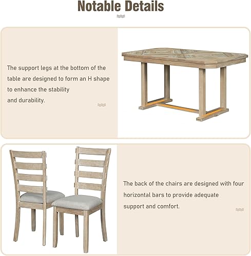 Miniatura 7 de Juego de mesa de comedor de madera de goma de 6 piezas con patrón de grano de madera y cojín suave mesa de comedor rectangular con 4 sillas