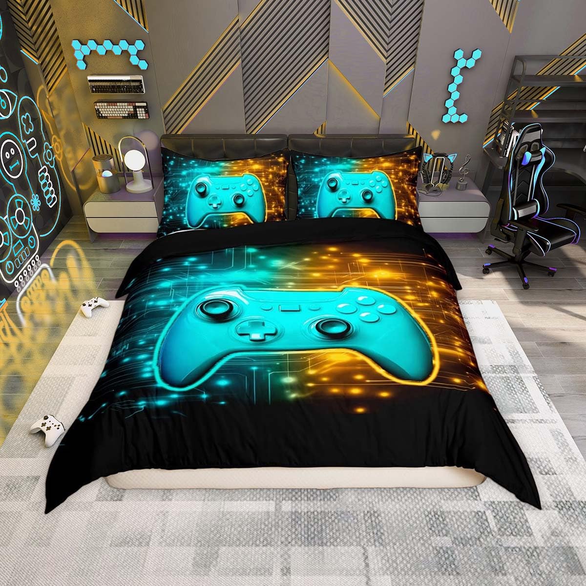 Homemissing Gamer Duvet Cover Set Single Size Blue Gaming Breathable Bedding Set Golden GamePad Zippered Duvet Cover with 1 Pillowcase Kids Games Controller For Teenager Boy