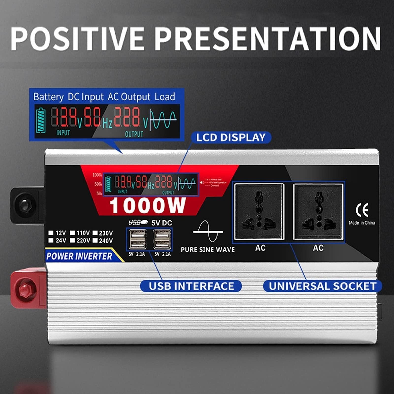 Zestaw przetwornic sinusoidalnych z przekaźnikiem odłączającym, wyświetlaczem LCD, 2 gniazdami AC, 6 portami USB i pilotem zdalnego sterowania (12 Vto110 V, 1000 W)