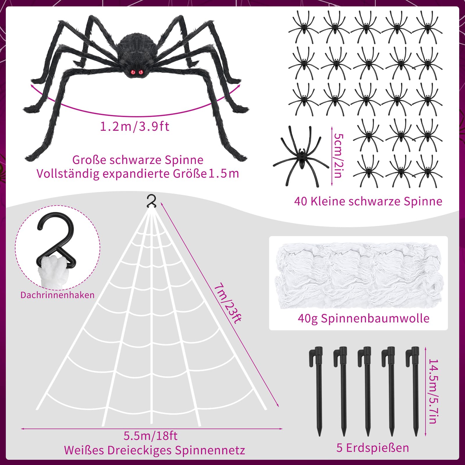 Halloween Deko Outdoor Spinne Große 127 Cm Riesenspinne + 50 Cm Großes Dreieckiges Riesenspinnennetz Und 20 G Spinnennetz, Deko Halloween Für Party Tür Und Fenster Karneval Garten Horror (Grau