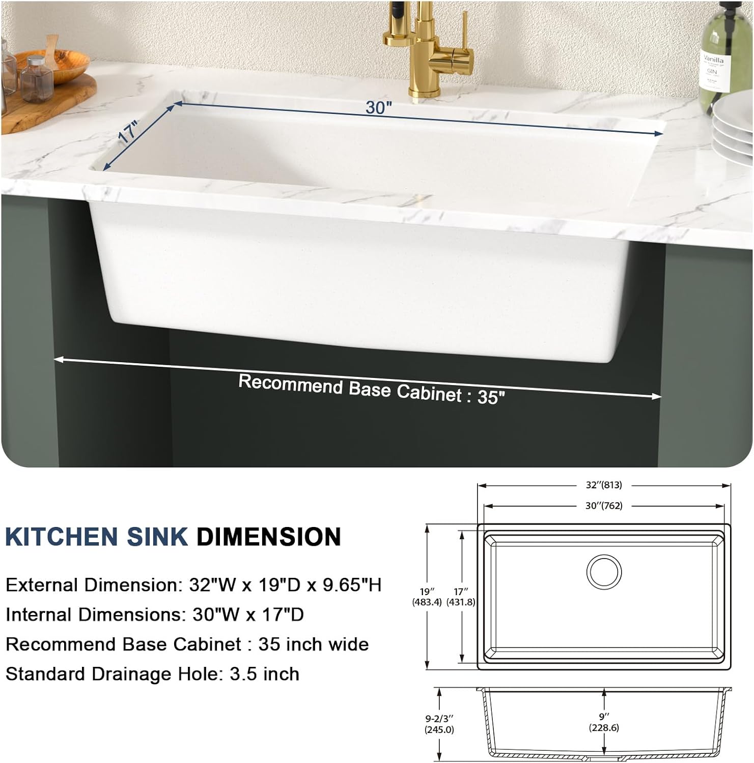 Lordear 32 Inch White Kitchen Sink Granite Composite Undermount Kitchen Sink Workstation 32x19 White Quartz Sinks Under Counter Single Bowl with Classic Gold Accessories