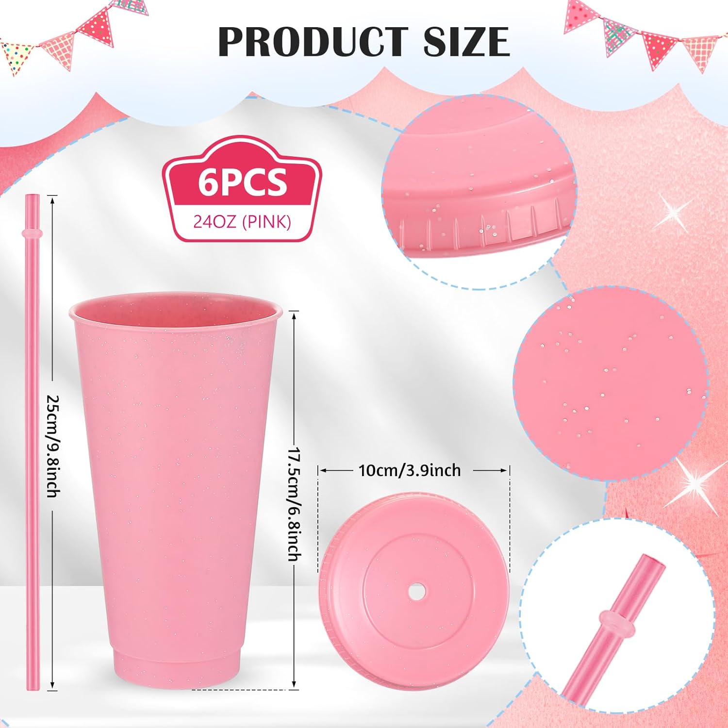 Uiifan 6 Pcs Reusable Tumbler with Lids and Straws Plastic Iced Coffee Tumbler Glitter Travel Mug Cup for Smoothie Juices Birthday Party Cold Drink Coffee Cup Bulk for Adult Kid Women(24 oz,Pink) - Image 2