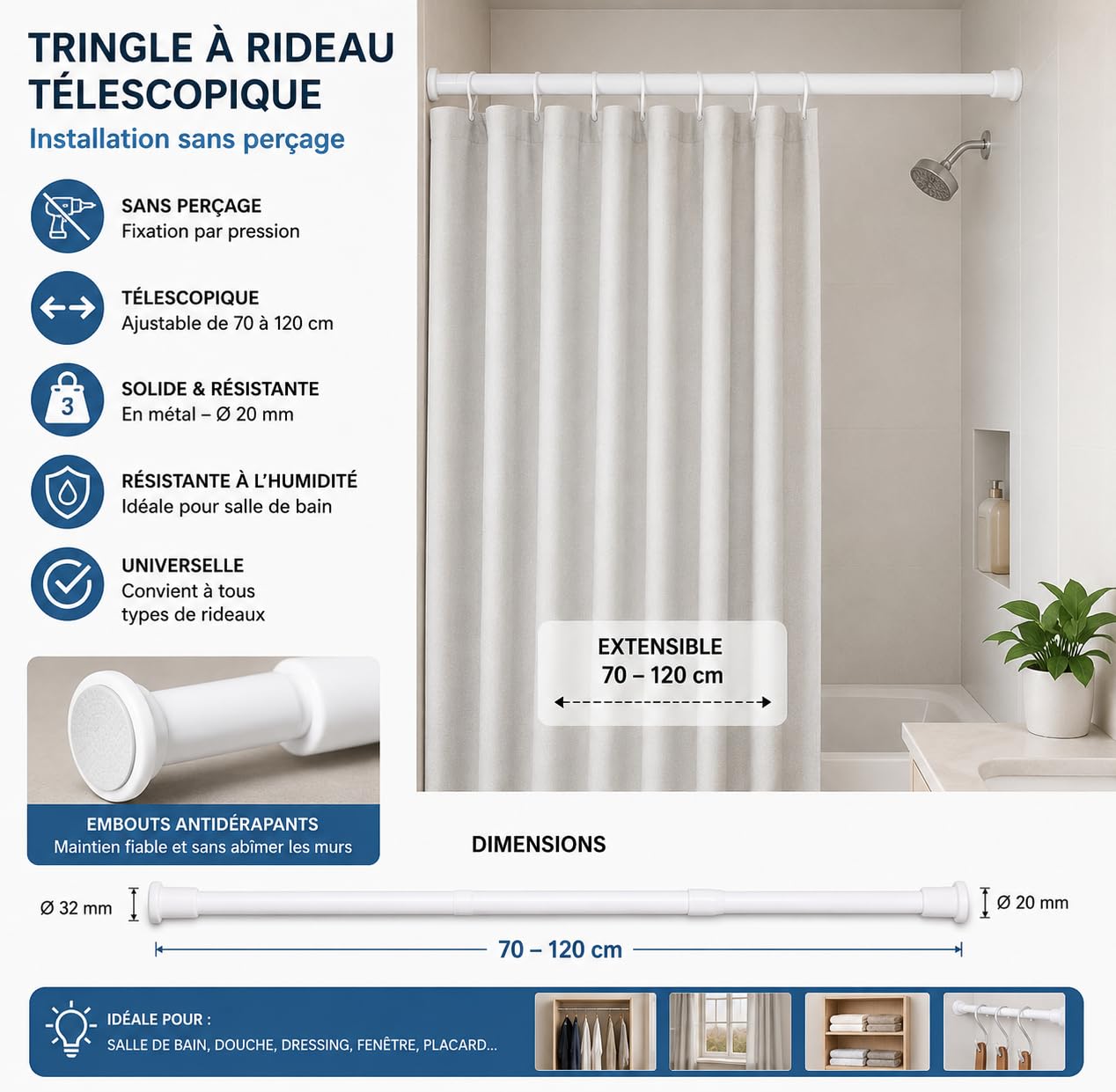 PARENCE – Varilla telescópica metálica de cortina de ducha blanca 70–120 cm – sin agujero – fijación de presión – Ø tubo 20 mm/Ø tapa final 32 mm