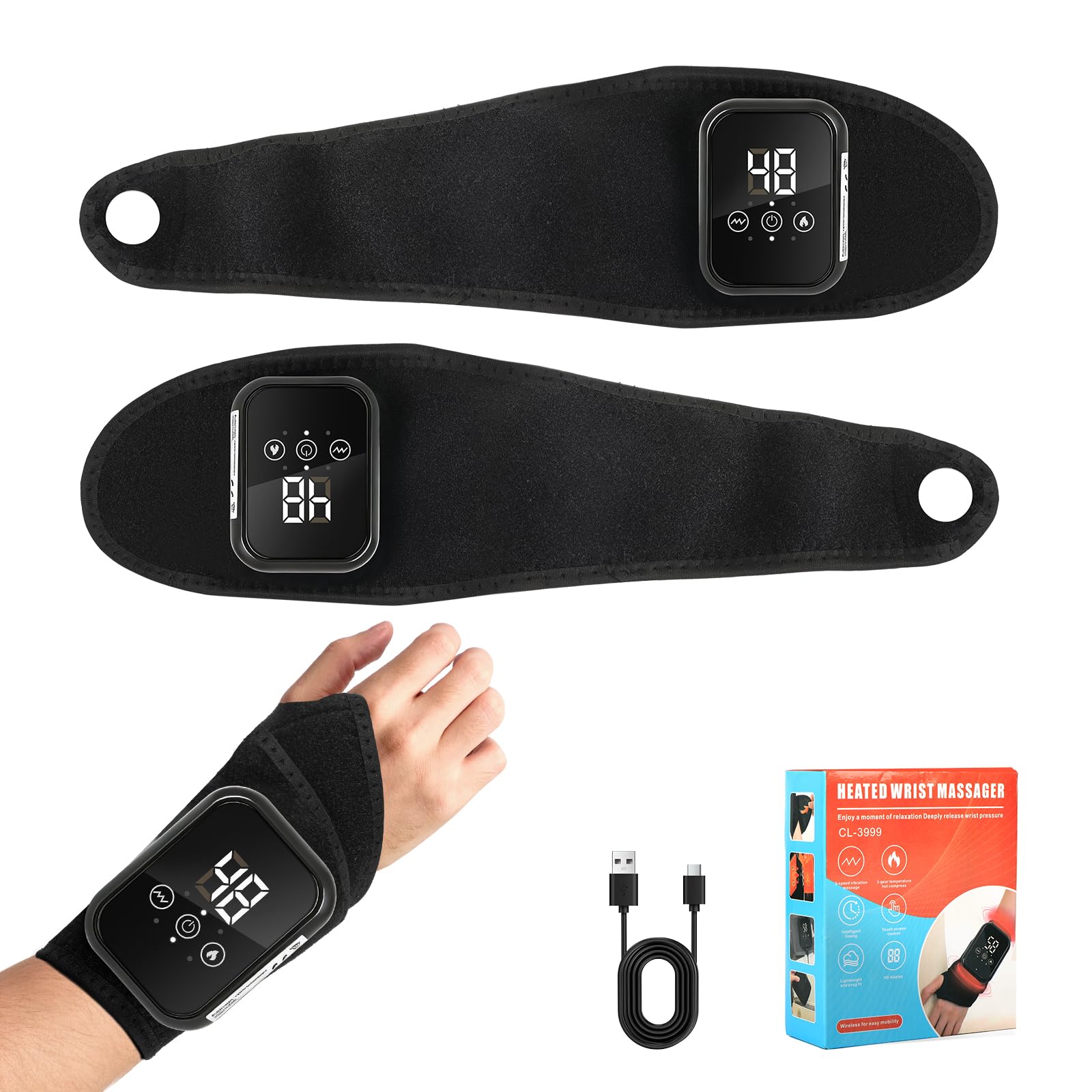 Handgelenk Massagegerät mit Rotlichttherapie, 3 Heizstufen & 3 Vibration | Wiederaufladbare, Kabelloses, Handmassagegerät, Linderung bei Karpaltunnelsyndrom, Arthritis, Schwarz, 2 Stück